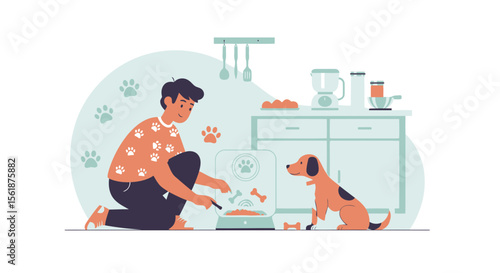 Man Feeding His Loyal Dog With Automatic Feeder At Home Modern Lifestyle