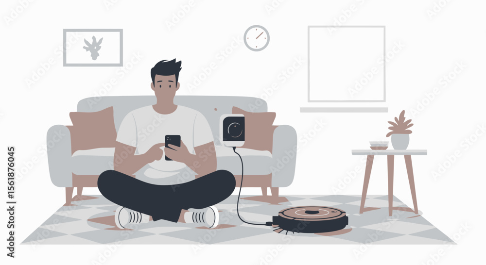 Fototapeta premium Man Relaxing At Home While Robot Vacuum Cleaner Works Automatically