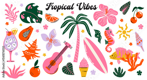 Tropical aesthetic, summer sea vacation vibes, holiday themed vector sticker elements set. Collection of cute groovy funky cartoon illustration of beach objects, palm tree, exotic flowers, plants