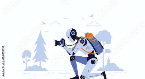 Adventurous Robotic Photographer Capturing Scenery On Journey With Backpack