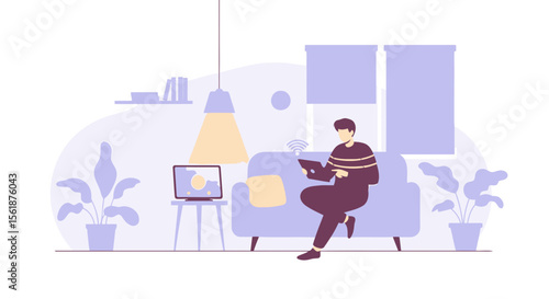 Man Relaxing At Home Using A Tablet In A Minimalist, Cozy And Modern Interior