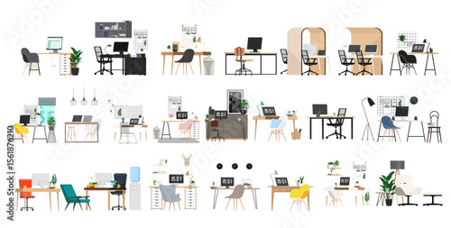 A set of isolated different work spaces with furniture, equipment and household items.