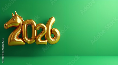 2026 with Golden Horse Balloon on green Background