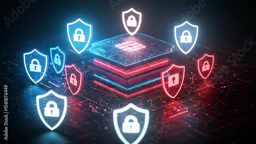 Digital Data Security Concept Featuring Glowing Server With Protective Shields and Locks in a Cybernetic Network On a Dark Background