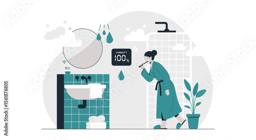 Morning Routine Woman Brushing Her Teeth In a Humid Bathroom After Shower