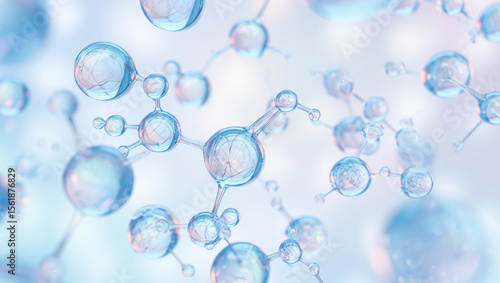 Collagen or retinol or ceramide molecule cosmetic moisturizing ingredient banner. Molecular structure swatch. Bubbles, moisturizer, liquid essence, serum or toner, beauty and cosmetics blue background