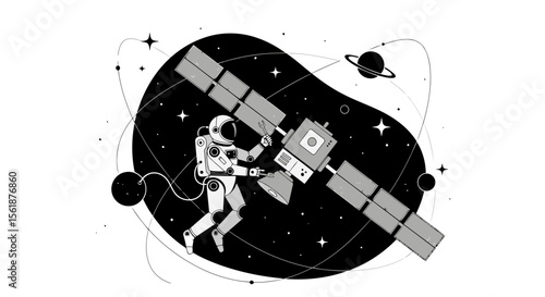 Astronaut Repairing Satellite In Space With Stars Black And White Minimalist