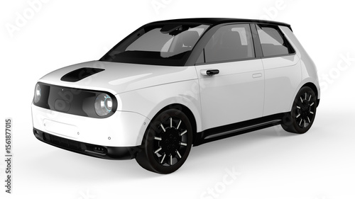 3D White Compact Electric Car - Futuristic EV Hatchback Isolated on White Background