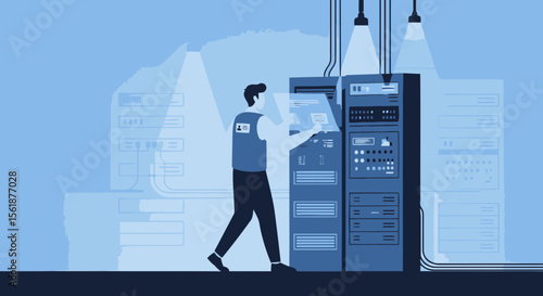 Network Technician Overseeing Data Servers In A Modern Data Center Or Server Room