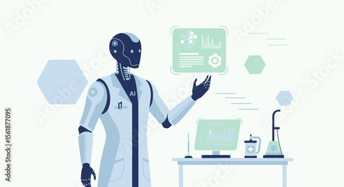 Artificial Intelligence Robot Doctor Analyzing Data In A Futuristic Laboratory Setup