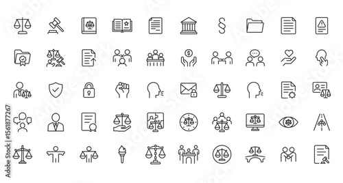 Line Icons Set - Law, Justice, and Legal Services Concepts Minimal Style