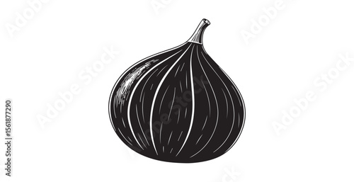 A solitary black fig depicted in a striking woodcut silhouette style