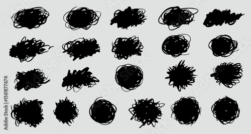 Chaos in Abstract: A collection of ink-splattered forms against a neutral backdrop, each a unique swirl of strokes. The artwork invites interpretation and embodies the spirit of free creation.