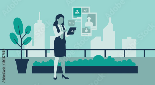 Businesswoman Managing Nfts And Digital Assets On A Tablet With Cityscape View