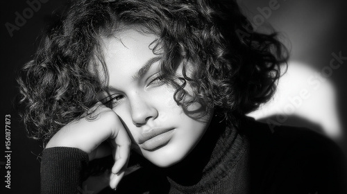 A striking black and white portrait of a thoughtful young woman with curly hair, bathed in dramatic light.