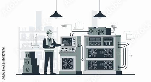 Bitcoin Mining Operation Shows Engineer Inspecting Cryptocurrency Hardware System
