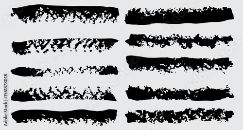 Black Ink Brush Strokes: A collection of eight unique, hand-painted black ink brush strokes, offering diverse textures and lengths, perfect for design projects needing a raw, artistic touch.