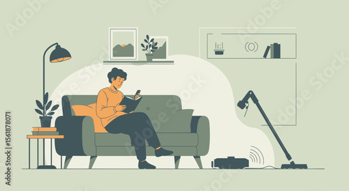 Relaxing At Home With Smart Technology For A Cleaner Lifestyle Illustration