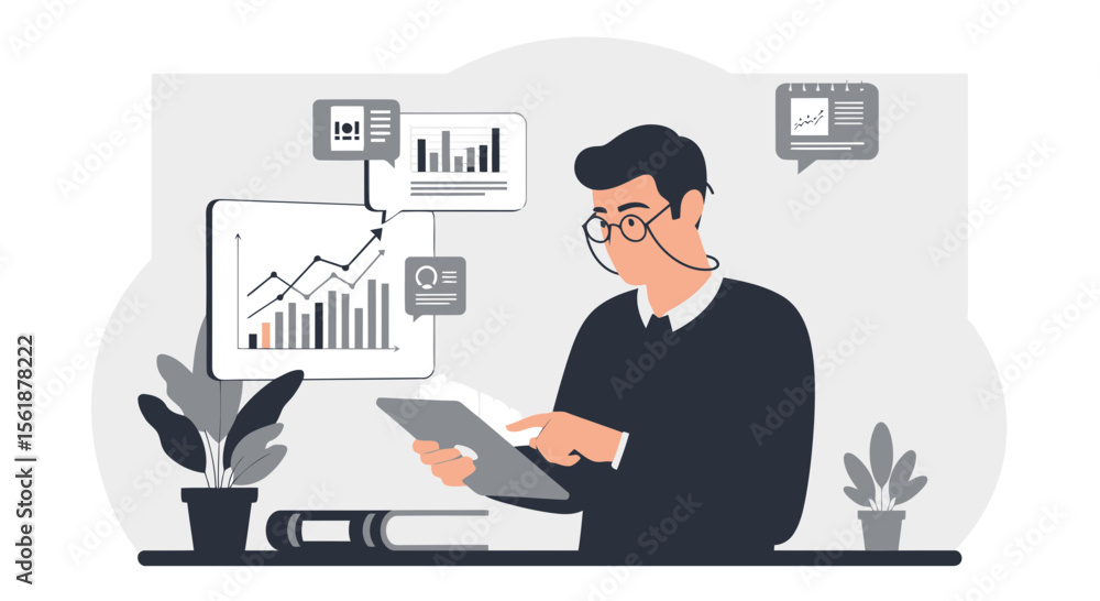 Businessman Analyzing Financial Data Graphs On A Digital Tablet Device Display Businessman Analyzing Financial Data Graphs On A Digital Tablet Device Display