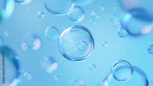 Collagen or retinol or ceramide molecule cosmetic moisturizing ingredient banner. Molecular structure swatch. Bubbles, moisturizer, liquid essence, serum or toner, beauty and cosmetics blue background