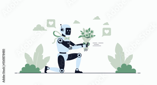 Robot Proposing With Bouquet On Knee Expressing Love In A Modern Scene