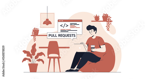 Comfortable Coder Submitting Pull Requests From Home Illustration Vector Design