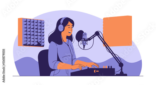 Creative Podcaster Woman Recording Audio Podcast at Studio with Headphones