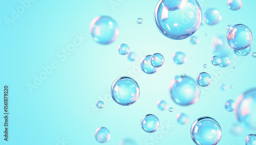 Collagen or retinol or ceramide molecule cosmetic moisturizing ingredient banner. Molecular structure swatch. Bubbles, moisturizer, liquid essence, serum or toner, beauty and cosmetics blue background