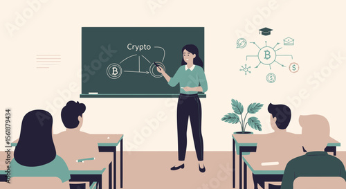 Cryptocurrency Education Female Teacher Explaining Bitcoin in Classroom Setting