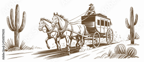 Vintage horse drawn stagecoach illustration with driver in desert landscape, old west travel concept