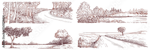 Sketched landscape with winding road, trees and fields, rural scenic views