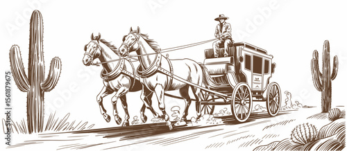 Vintage horse drawn stagecoach in desert landscape illustration, one man, travel, transport