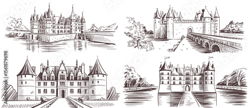 Sketch of a medieval castle with towers and a moat architecture drawing