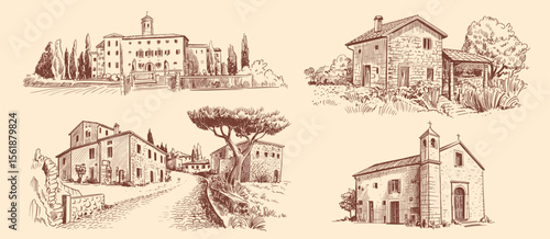 Italian architecture sketch, buildings, landscape, vintage drawing, travel, village, Italy, historic, cityscape, tourism