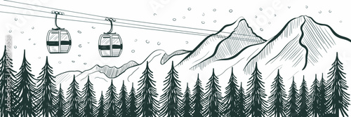Ski resort drawing with gondolas, mountains, and evergreen trees landscape illustration