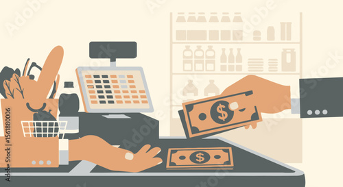 Customer Paying With Cash At Store Checkout Counter Illustration