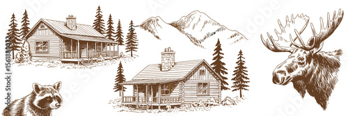 Cabin in woods sketch, moose, raccoon, nature drawing, country retreat, wildlife, vacation