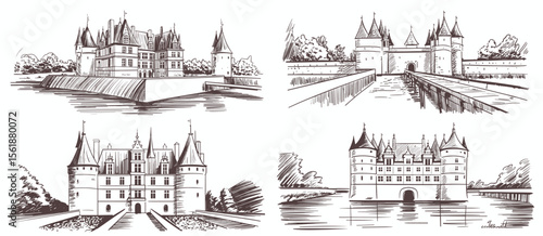 Four castles sketches, architectural illustration, historic buildings, design elements