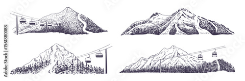 Mountain landscape sketch with ski lifts, winter nature scene, outdoor travel background