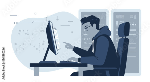 Software Developer Working On Computer Sitting In Front Of Server Racks