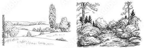 Landscape sketch, river flowing through nature scenery, woodland, stream, trees