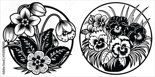 Floral arrangements in circles flowers leaves