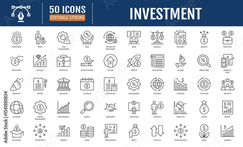 Investment Line Icon Set. Includes Economy,
Financial Gain, Interest Investor, Mutual Fund,
Asset, Risk Management, and More. Vector
Illustration with Editable Strokes
