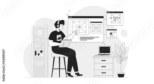 Digital Architect Creating Website Wireframes In Home Office Space