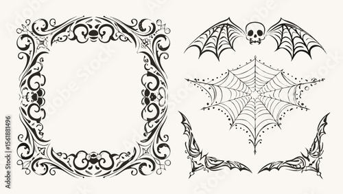 Ornate frame with halloween elements including a bat skull and spiderweb design vector