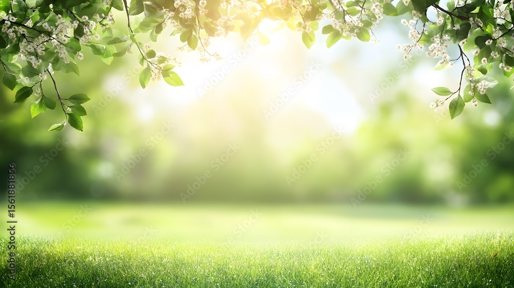 Spring Meadow Landscape, Blooming Branches over Green Grass and Sunny Background Spring Meadow Landscape, Blooming Branches over Green Grass and Sunny Background
