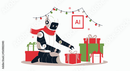 Festive Robot Delivering Gifts And Celebrating Holiday Season With Ai Symbol