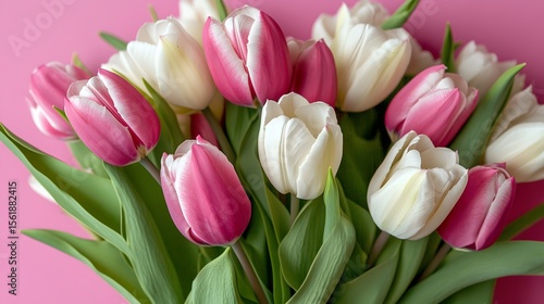 Beautiful Bouquet of Pink and White Tulips Close Up