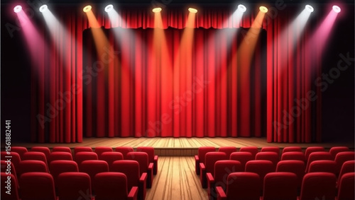 Empty red cinema auditorium with stage and screen ready for a show