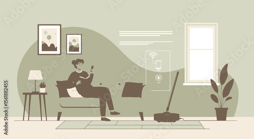 Woman Relaxing At Home While Robot Vacuum Cleaner Cleans The Room